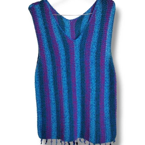 handmade Jackets & Blazers - Handknit Pullover Vest Sz Medium VNeck Blue Stripes Hem Fringe Boho Preppy Y2K